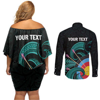 Personalised New Zealand Archery Couples Matching Off Shoulder Short Dress and Long Sleeve Button Shirt Turquoise Maori Silver Fern