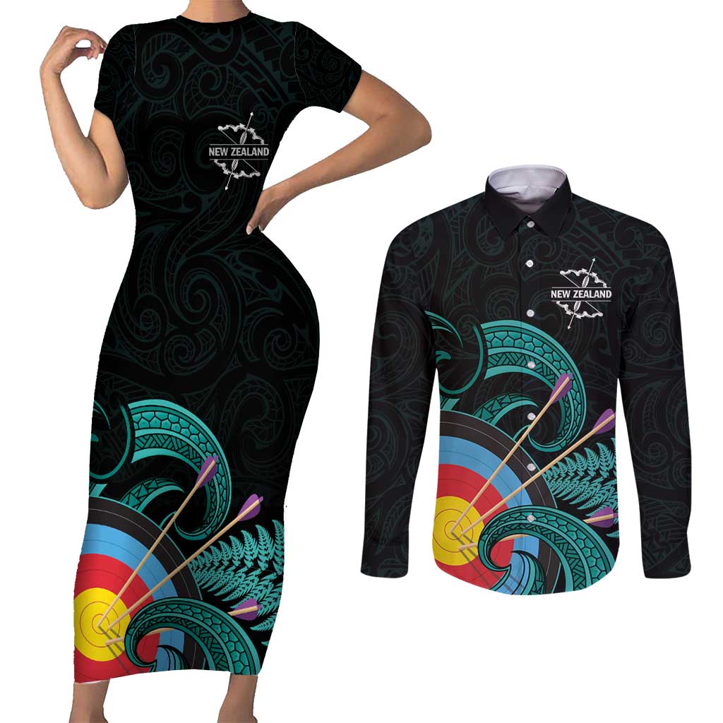 Personalised New Zealand Archery Couples Matching Short Sleeve Bodycon Dress and Long Sleeve Button Shirt Turquoise Maori Silver Fern