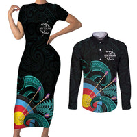 Personalised New Zealand Archery Couples Matching Short Sleeve Bodycon Dress and Long Sleeve Button Shirt Turquoise Maori Silver Fern