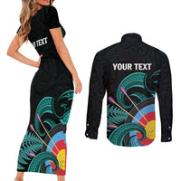 Personalised New Zealand Archery Couples Matching Short Sleeve Bodycon Dress and Long Sleeve Button Shirt Turquoise Maori Silver Fern