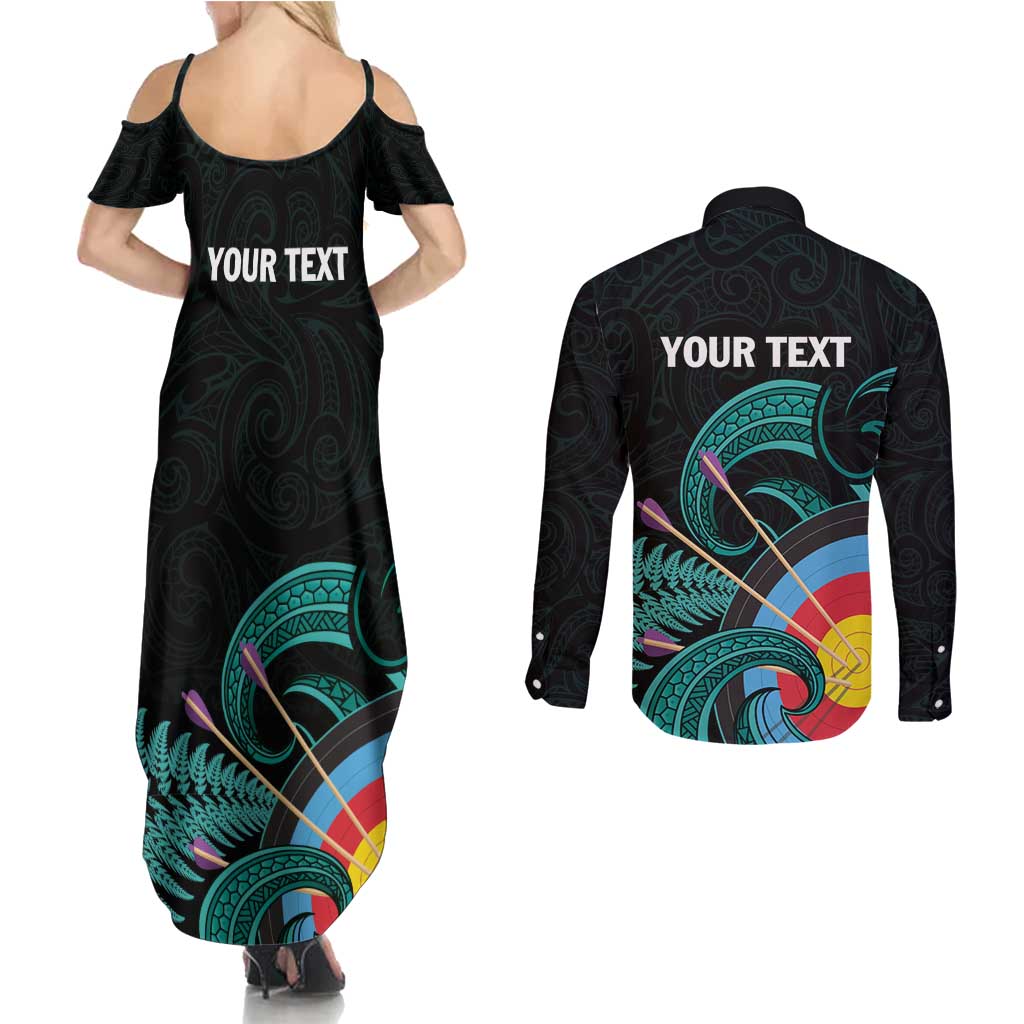 Personalised New Zealand Archery Couples Matching Summer Maxi Dress and Long Sleeve Button Shirt Turquoise Maori Silver Fern