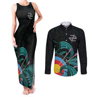 Personalised New Zealand Archery Couples Matching Tank Maxi Dress and Long Sleeve Button Shirt Turquoise Maori Silver Fern