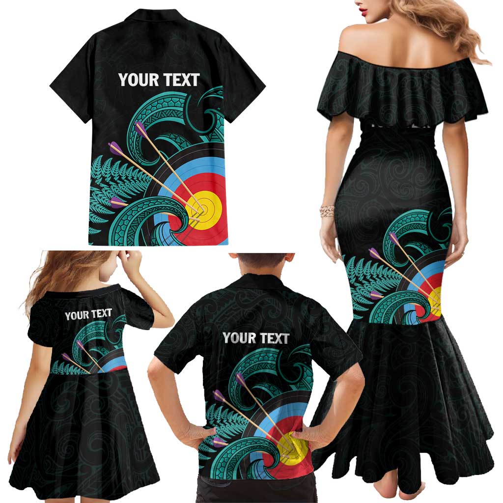 Personalised New Zealand Archery Family Matching Mermaid Dress and Hawaiian Shirt Turquoise Maori Silver Fern