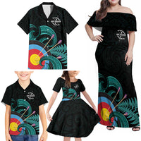 Personalised New Zealand Archery Family Matching Off Shoulder Maxi Dress and Hawaiian Shirt Turquoise Maori Silver Fern