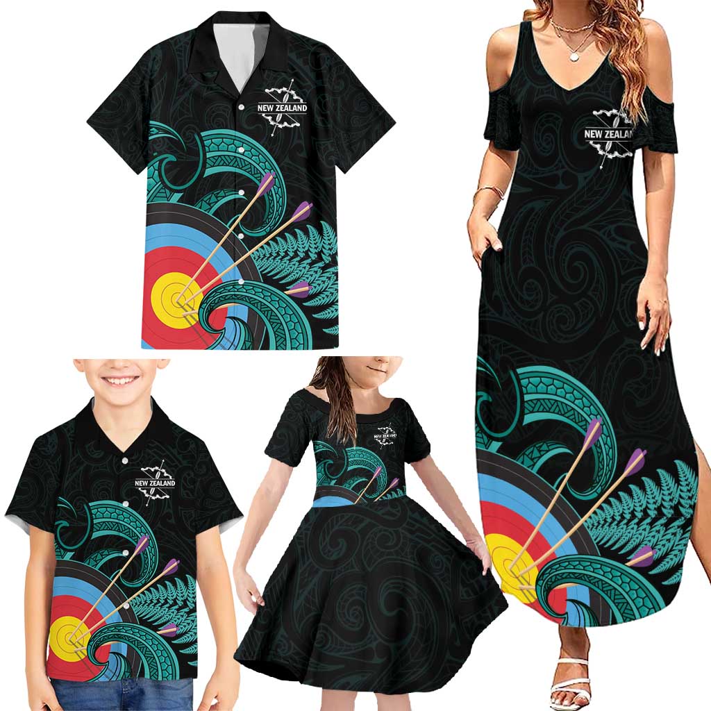 Personalised New Zealand Archery Family Matching Summer Maxi Dress and Hawaiian Shirt Turquoise Maori Silver Fern