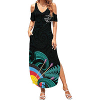 Personalised New Zealand Archery Family Matching Summer Maxi Dress and Hawaiian Shirt Turquoise Maori Silver Fern