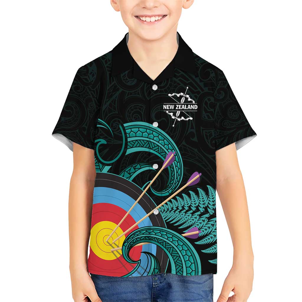 Personalised New Zealand Archery Kid Hawaiian Shirt Turquoise Maori Silver Fern