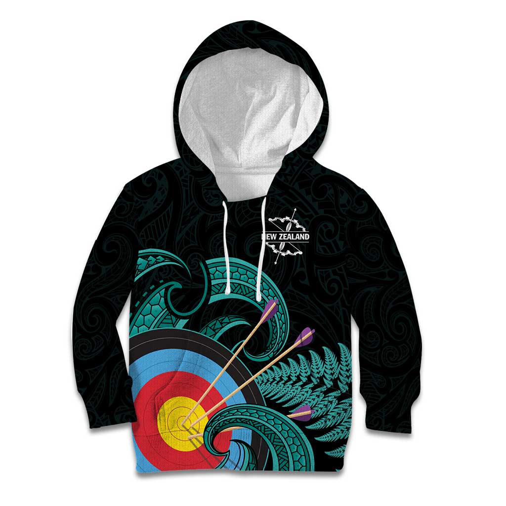 Personalised New Zealand Archery Kid Hoodie Turquoise Maori Silver Fern