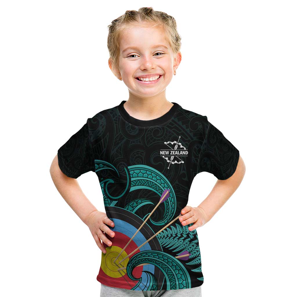 Personalised New Zealand Archery Kid T Shirt Turquoise Maori Silver Fern