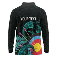 Personalised New Zealand Archery Long Sleeve Polo Shirt Turquoise Maori Silver Fern