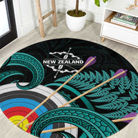New Zealand Archery Round Carpet Turquoise Maori Silver Fern