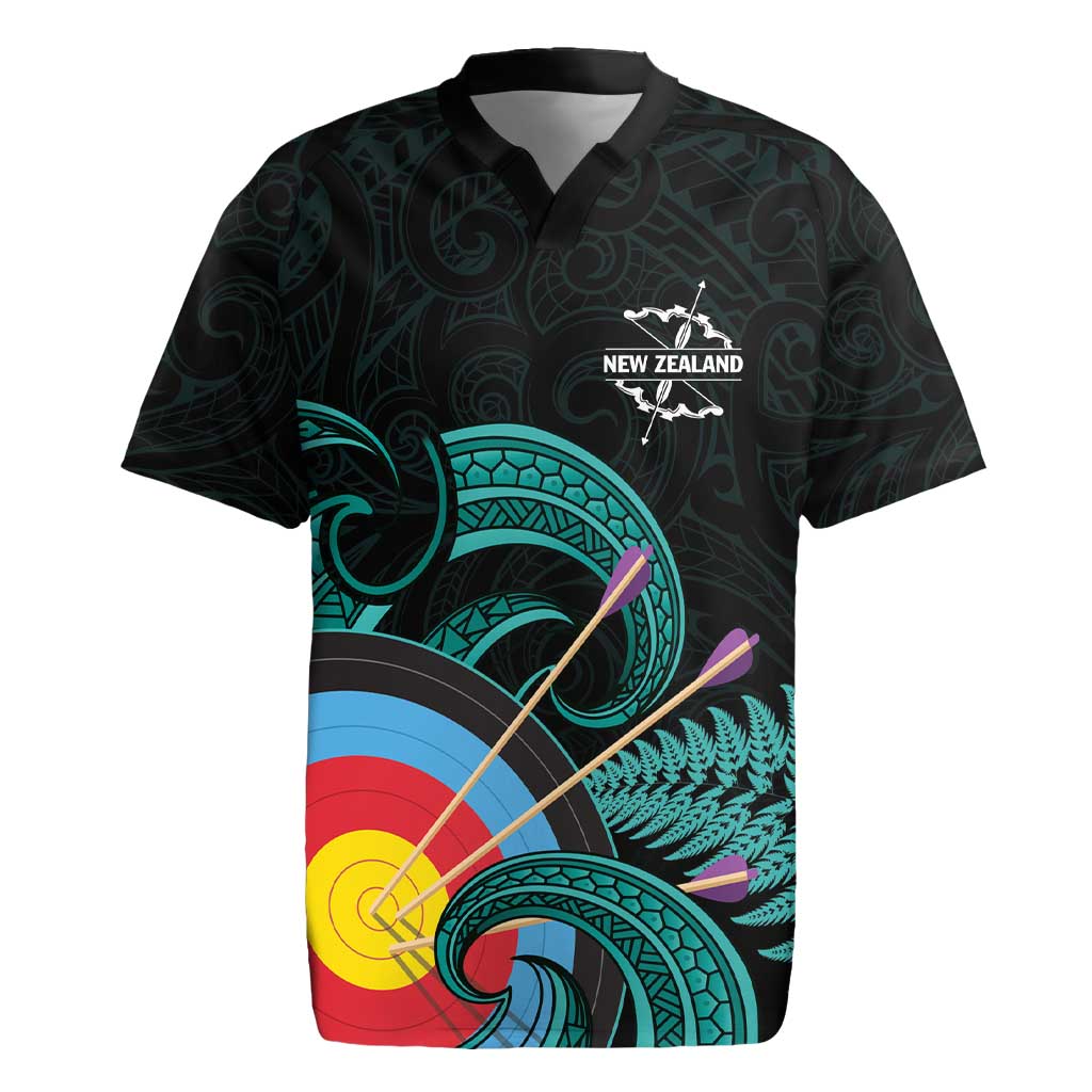 Personalised New Zealand Archery Rugby Jersey Turquoise Maori Silver Fern