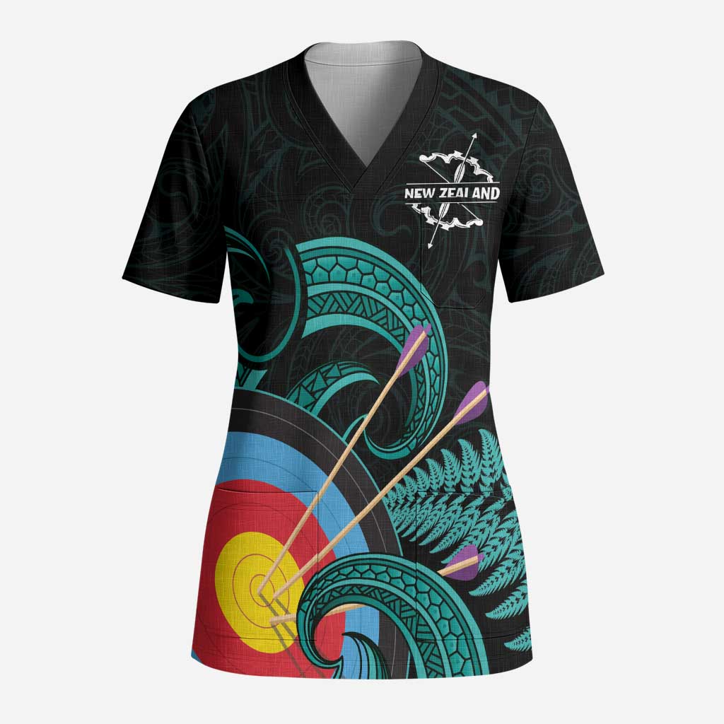 Personalised New Zealand Archery Scrub Top Turquoise Maori Silver Fern - Polynesian Pride