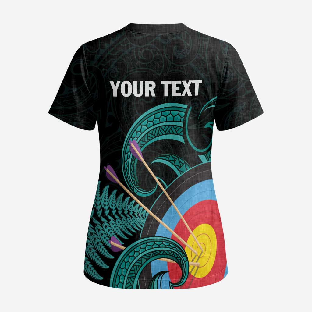 Personalised New Zealand Archery Scrub Top Turquoise Maori Silver Fern - Polynesian Pride