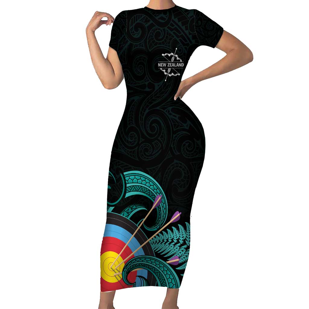 Personalised New Zealand Archery Short Sleeve Bodycon Dress Turquoise Maori Silver Fern