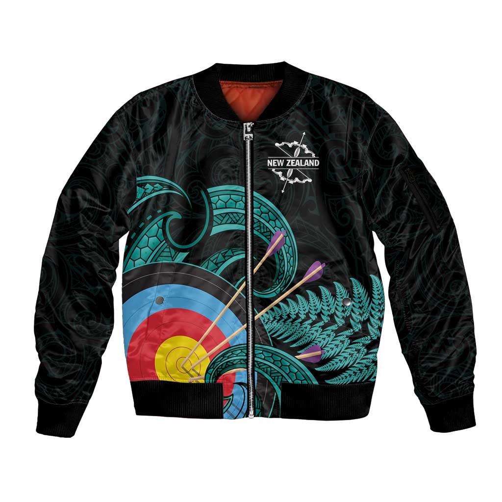 Personalised New Zealand Archery Sleeve Zip Bomber Jacket Turquoise Maori Silver Fern