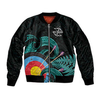 Personalised New Zealand Archery Sleeve Zip Bomber Jacket Turquoise Maori Silver Fern