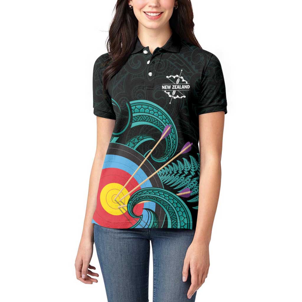 Personalised New Zealand Archery Women Polo Shirt Turquoise Maori Silver Fern