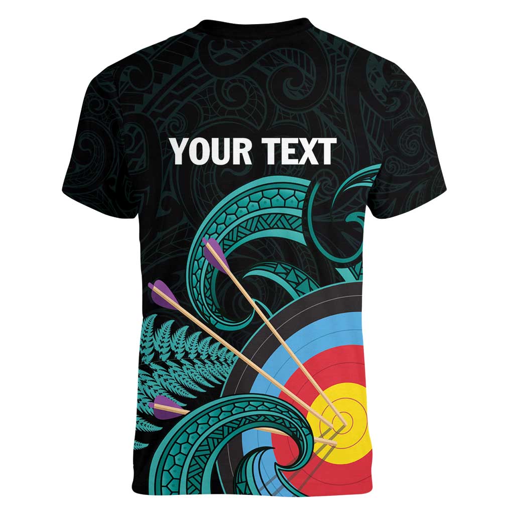 Personalised New Zealand Archery Women V-Neck T-Shirt Turquoise Maori Silver Fern