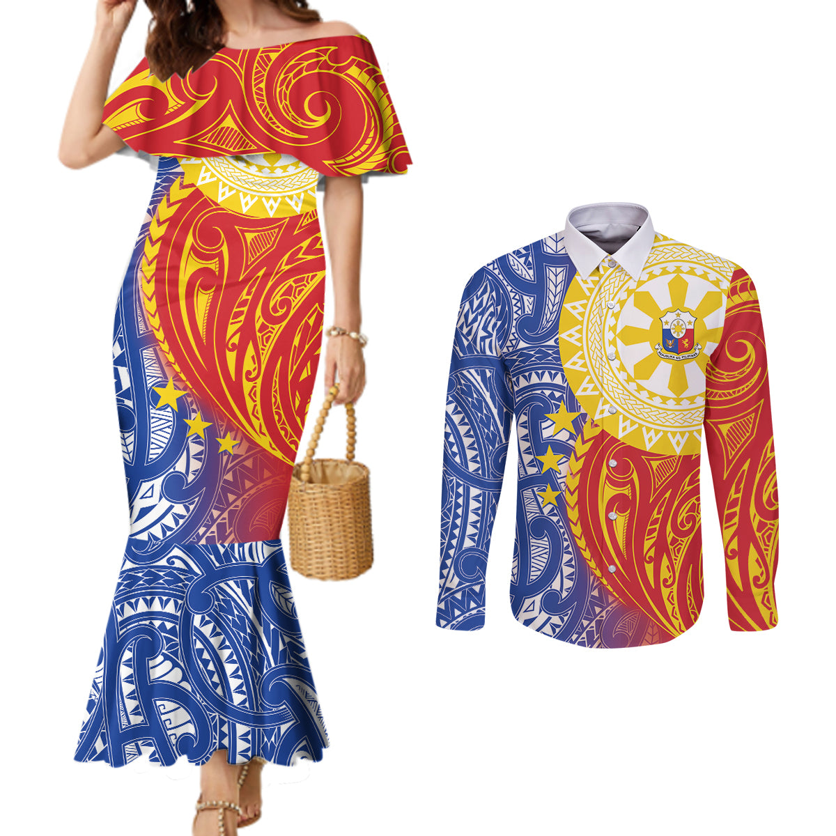 Philippines Couples Matching Mermaid Dress and Long Sleeve Button Shirt Pilipinas Polynesian Pattern