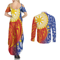 Philippines Couples Matching Summer Maxi Dress and Long Sleeve Button Shirt Pilipinas Polynesian Pattern