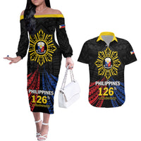 Personalized Philippines Independence Day Couples Matching Off The Shoulder Long Sleeve Dress and Hawaiian Shirt Filipino 126th Anniversary Sun Tattoo
