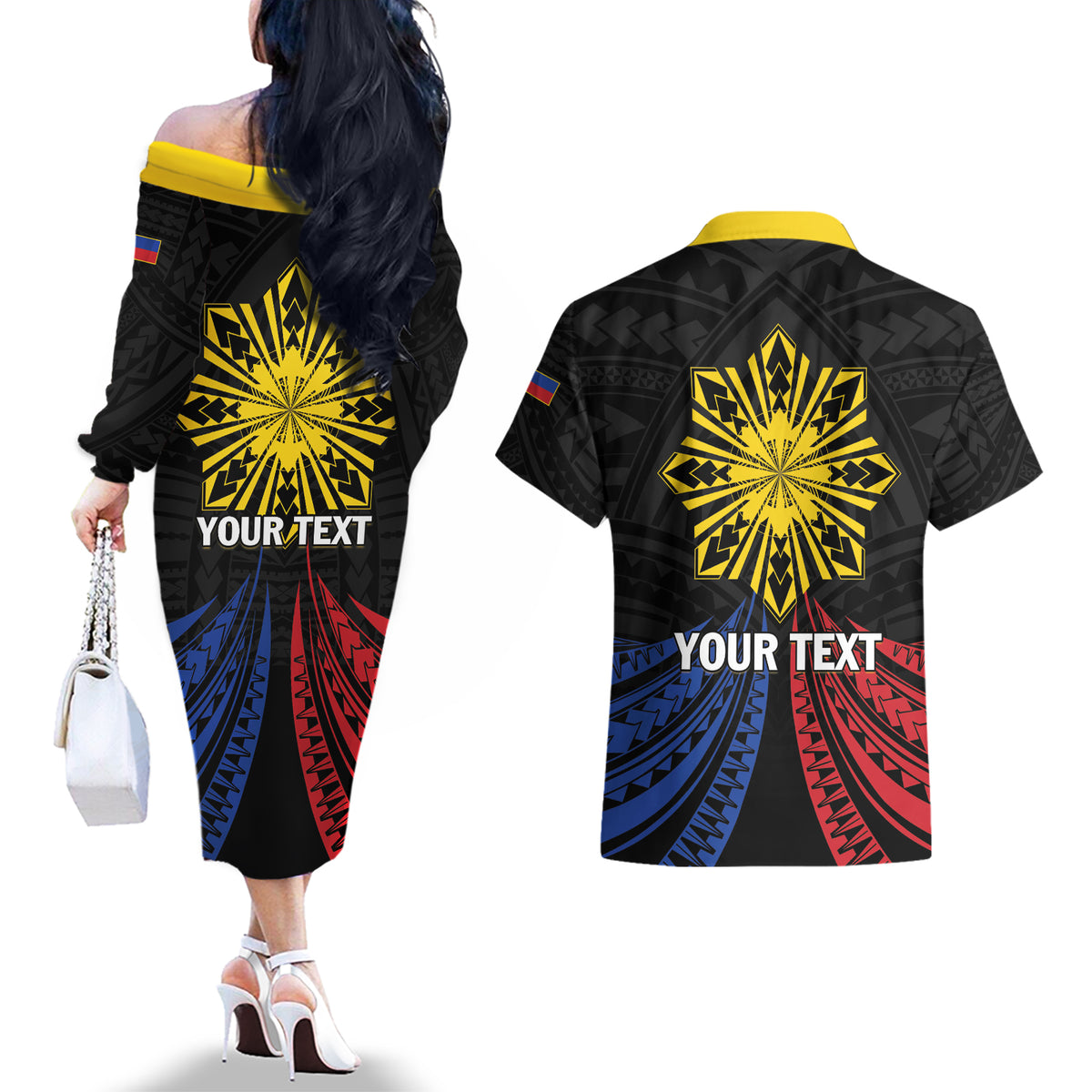 Personalized Philippines Independence Day Couples Matching Off The Shoulder Long Sleeve Dress and Hawaiian Shirt Filipino 126th Anniversary Sun Tattoo