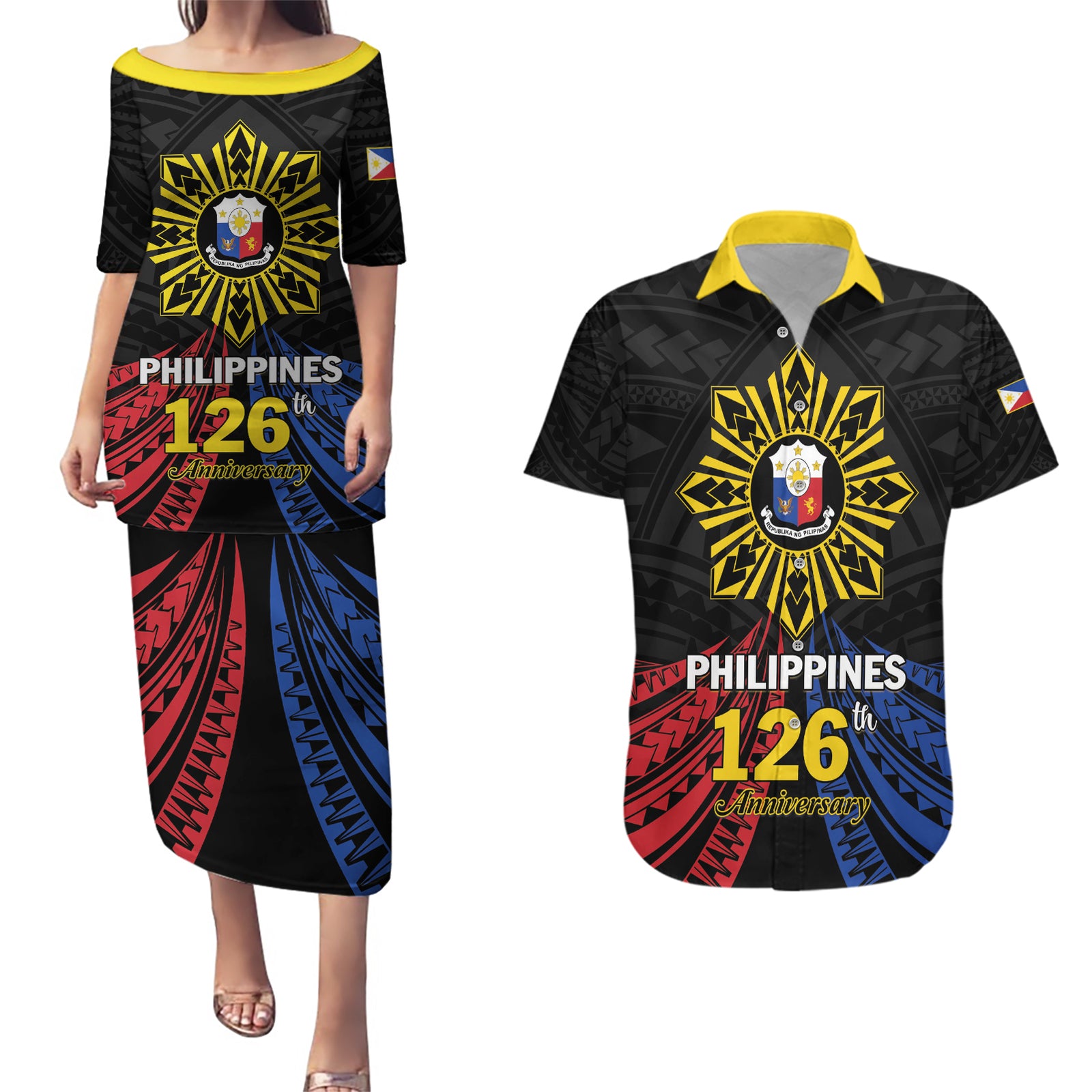 Personalized Philippines Independence Day Couples Matching Puletasi and Hawaiian Shirt Filipino 126th Anniversary Sun Tattoo