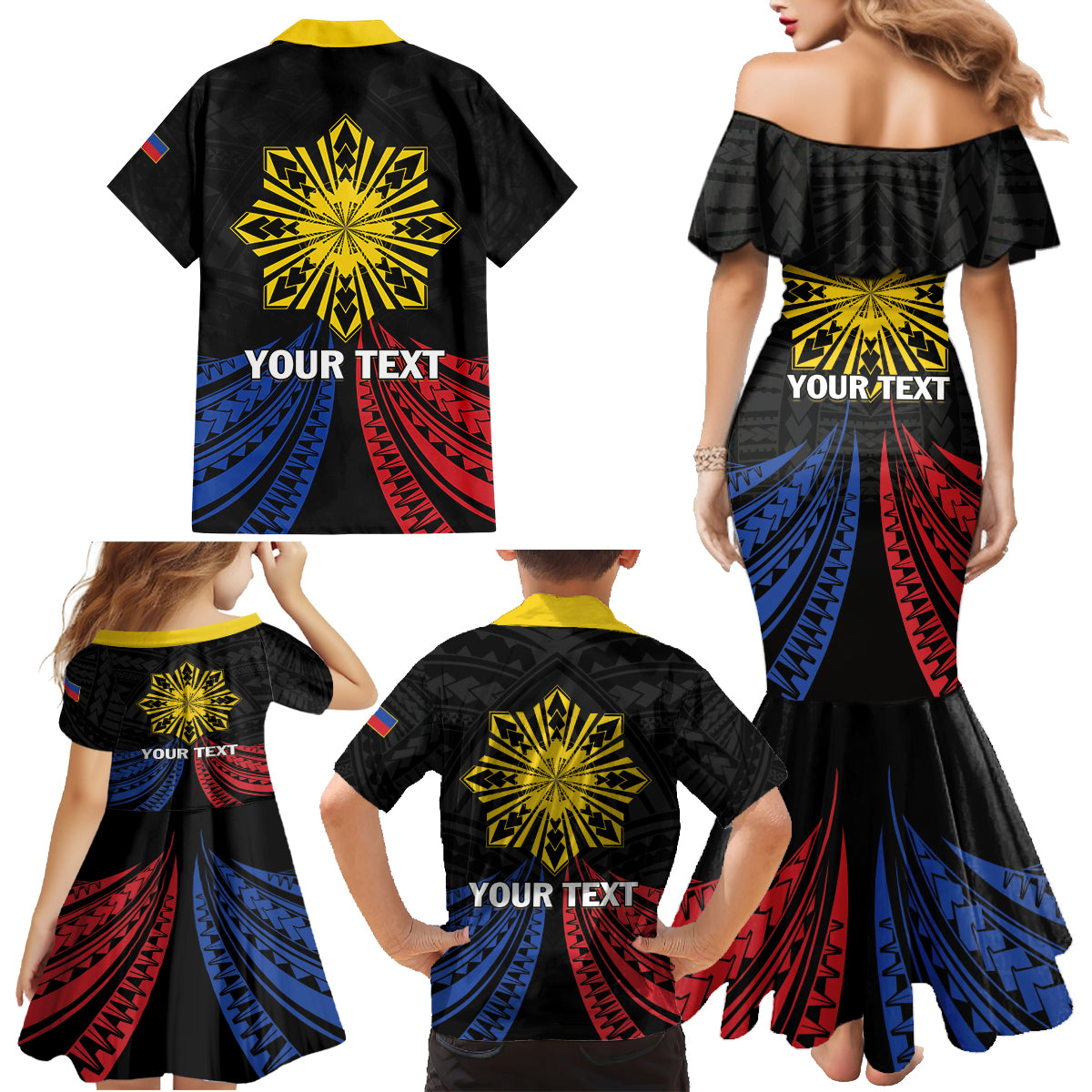 Personalized Philippines Independence Day Family Matching Mermaid Dress and Hawaiian Shirt Filipino 126th Anniversary Sun Tattoo