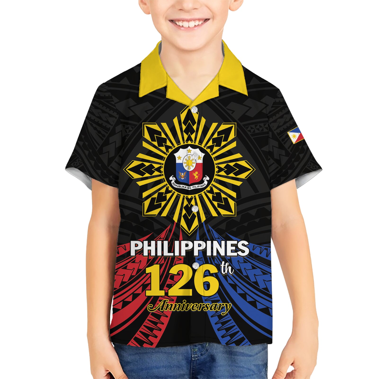 Personalized Philippines Independence Day Kid Hawaiian Shirt Filipino 126th Anniversary Sun Tattoo