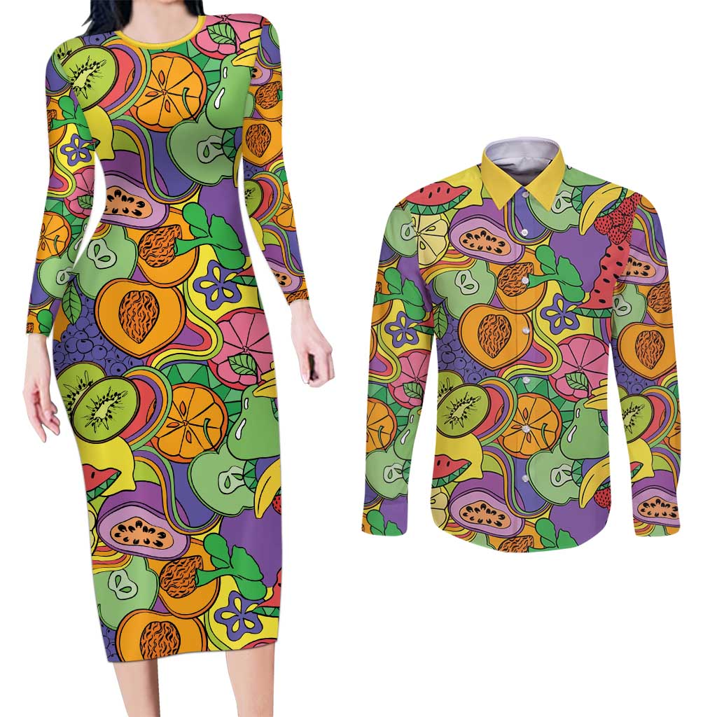 Hawaii Fruits Hippie Style Couples Matching Long Sleeve Bodycon Dress and Long Sleeve Button Shirt Vibrant Colorful LT01 Multicolor - Polynesian Pride