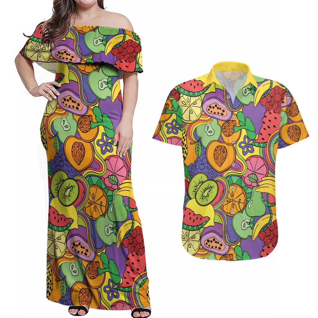 Hawaii Fruits Hippie Style Couples Matching Off Shoulder Maxi Dress and Hawaiian Shirt Vibrant Colorful