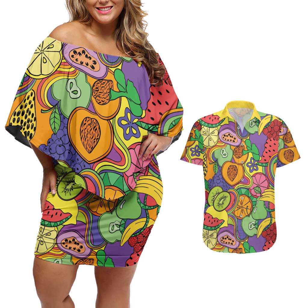Hawaii Fruits Hippie Style Couples Matching Off Shoulder Short Dress and Hawaiian Shirt Vibrant Colorful