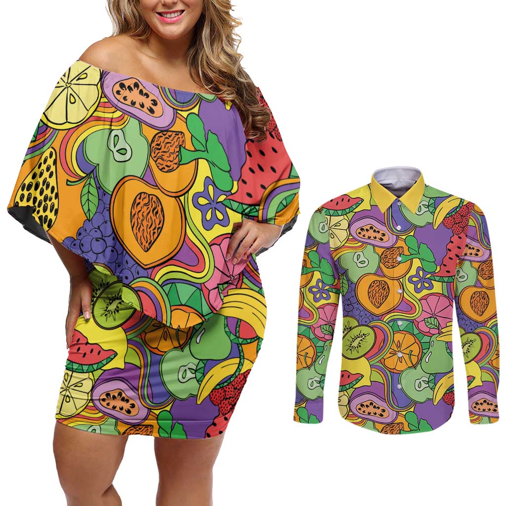 Hawaii Fruits Hippie Style Couples Matching Off Shoulder Short Dress and Long Sleeve Button Shirt Vibrant Colorful LT01 Multicolor - Polynesian Pride
