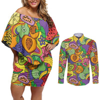 Hawaii Fruits Hippie Style Couples Matching Off Shoulder Short Dress and Long Sleeve Button Shirt Vibrant Colorful LT01 Multicolor - Polynesian Pride