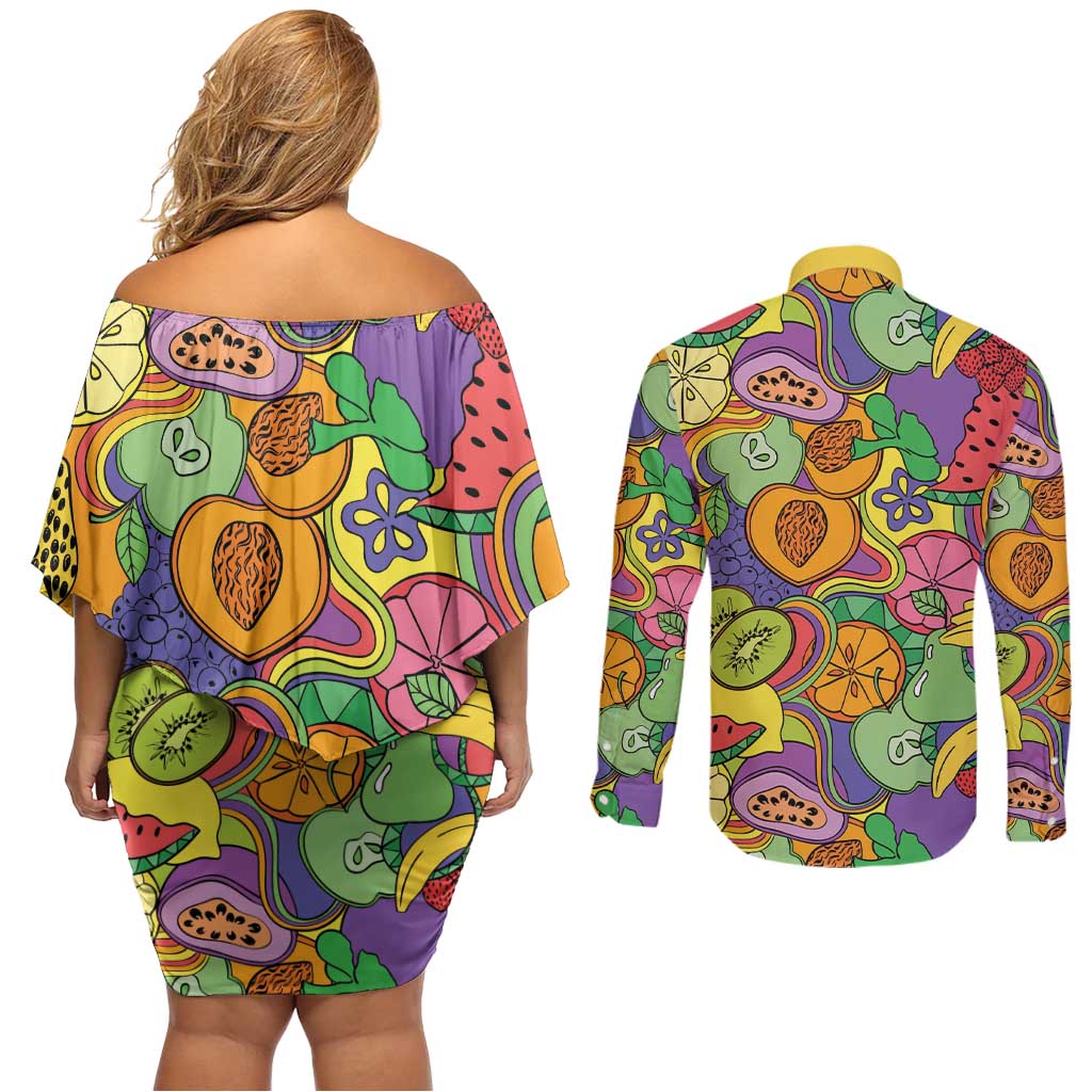Hawaii Fruits Hippie Style Couples Matching Off Shoulder Short Dress and Long Sleeve Button Shirt Vibrant Colorful LT01 - Polynesian Pride