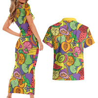 Hawaii Fruits Hippie Style Couples Matching Short Sleeve Bodycon Dress and Hawaiian Shirt Vibrant Colorful