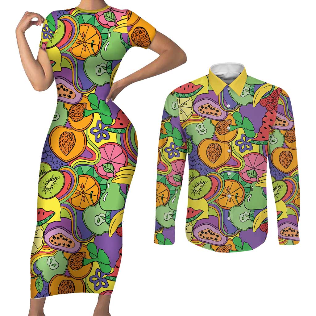 Hawaii Fruits Hippie Style Couples Matching Short Sleeve Bodycon Dress and Long Sleeve Button Shirt Vibrant Colorful LT01 Multicolor - Polynesian Pride