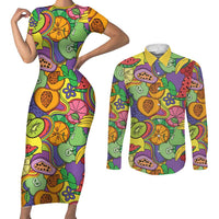Hawaii Fruits Hippie Style Couples Matching Short Sleeve Bodycon Dress and Long Sleeve Button Shirt Vibrant Colorful LT01 Multicolor - Polynesian Pride