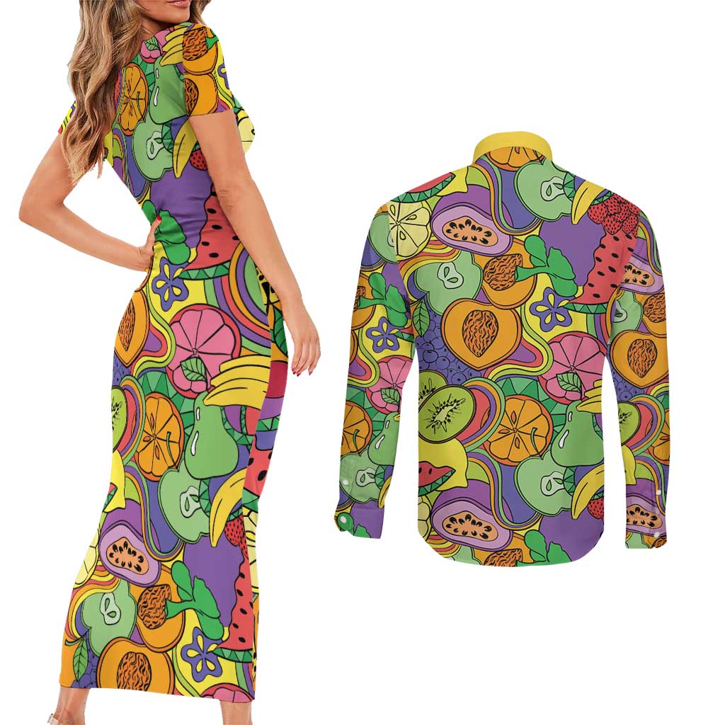 Hawaii Fruits Hippie Style Couples Matching Short Sleeve Bodycon Dress and Long Sleeve Button Shirt Vibrant Colorful LT01 - Polynesian Pride