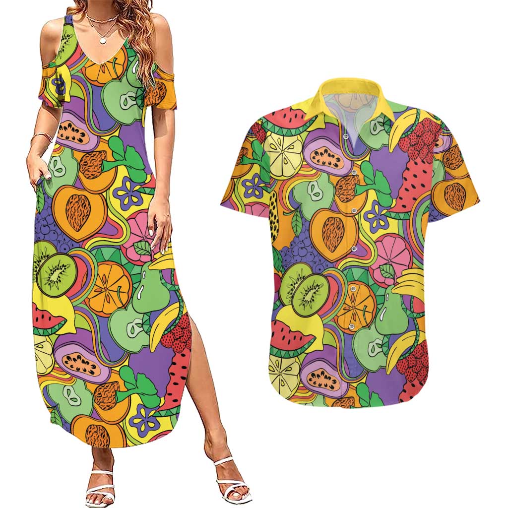 Hawaii Fruits Hippie Style Couples Matching Summer Maxi Dress and Hawaiian Shirt Vibrant Colorful