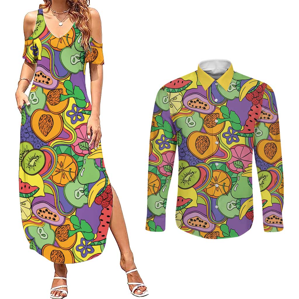 Hawaii Fruits Hippie Style Couples Matching Summer Maxi Dress and Long Sleeve Button Shirt Vibrant Colorful
