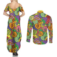 Hawaii Fruits Hippie Style Couples Matching Summer Maxi Dress and Long Sleeve Button Shirt Vibrant Colorful