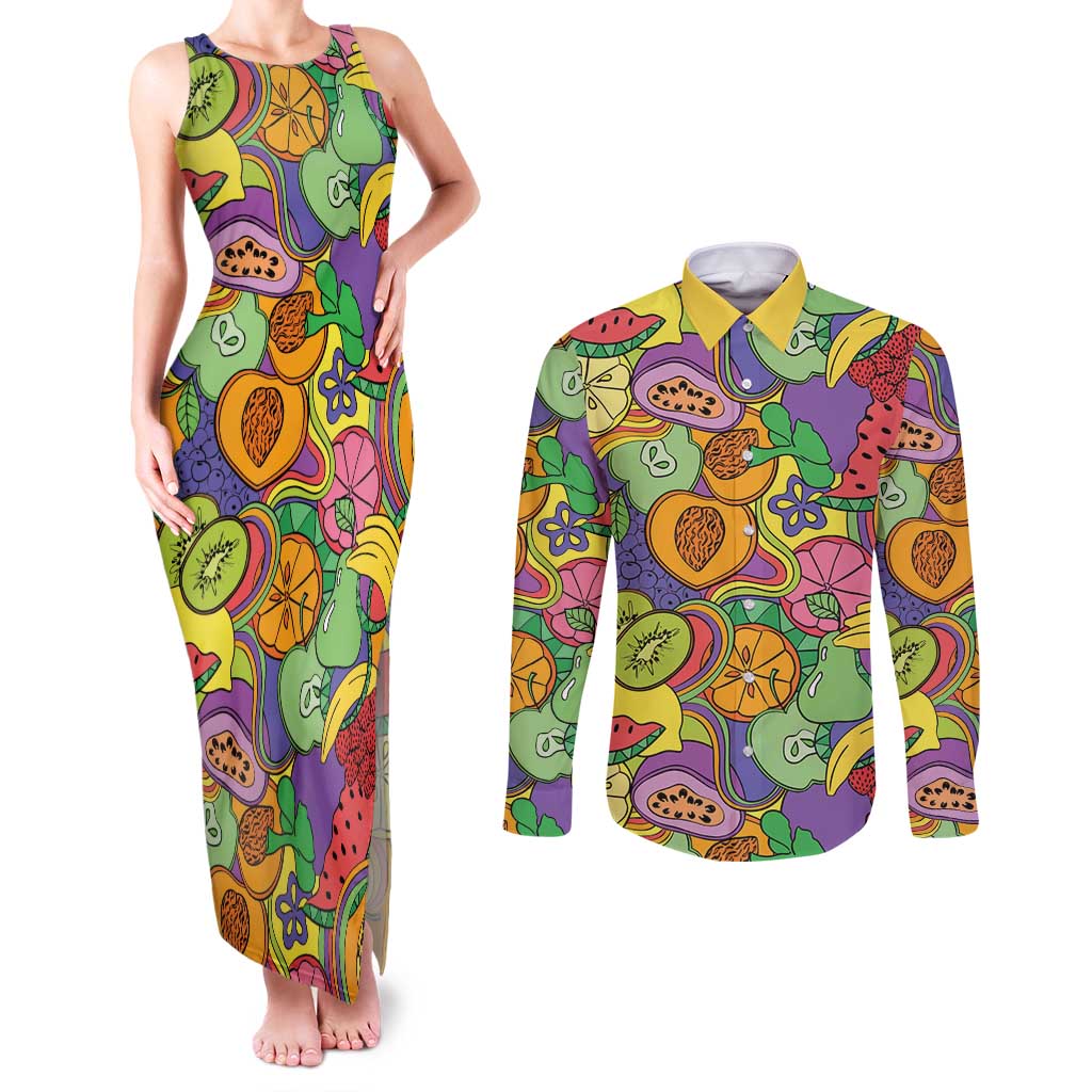 Hawaii Fruits Hippie Style Couples Matching Tank Maxi Dress and Long Sleeve Button Shirt Vibrant Colorful