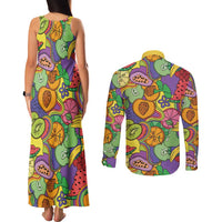 Hawaii Fruits Hippie Style Couples Matching Tank Maxi Dress and Long Sleeve Button Shirt Vibrant Colorful