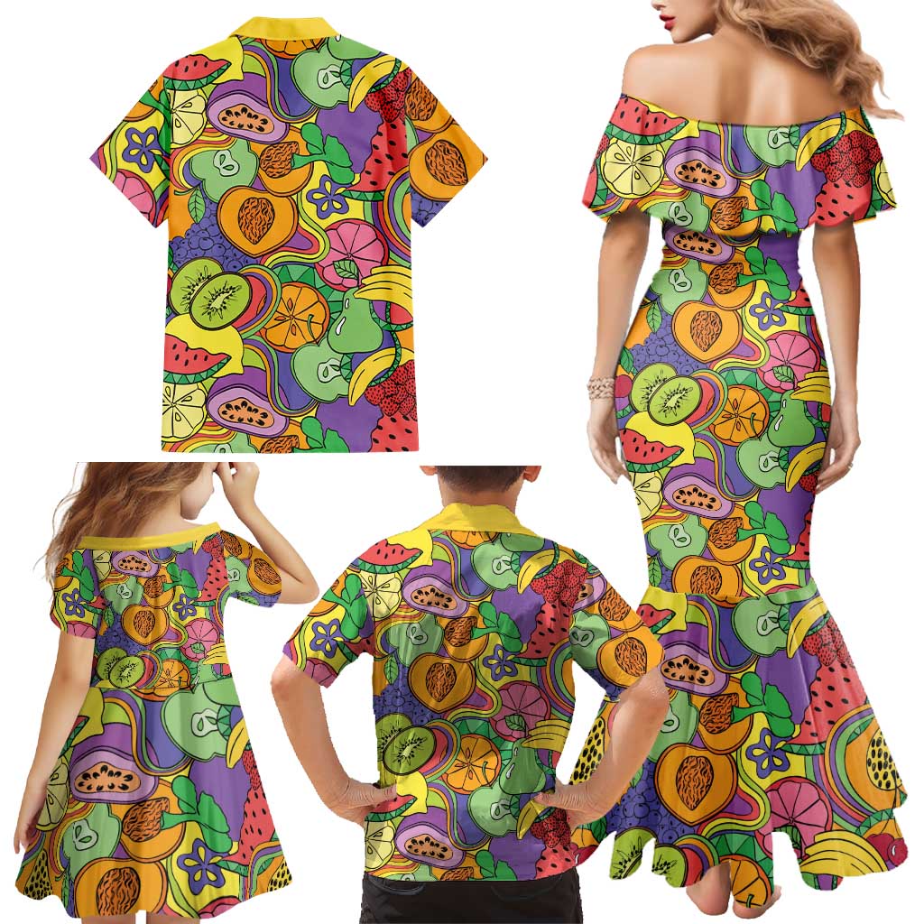 Hawaii Fruits Hippie Style Family Matching Mermaid Dress and Hawaiian Shirt Vibrant Colorful