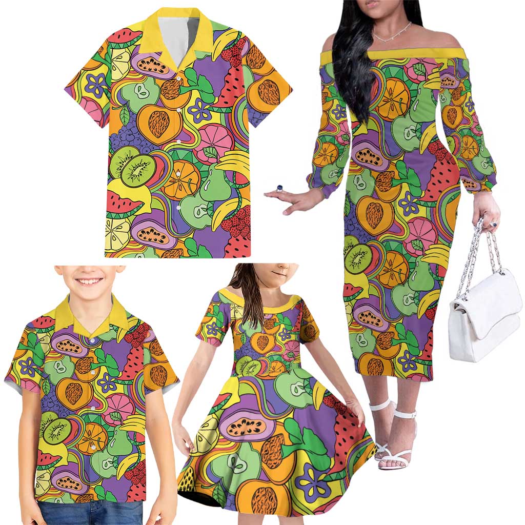 Hawaii Fruits Hippie Style Family Matching Off The Shoulder Long Sleeve Dress and Hawaiian Shirt Vibrant Colorful