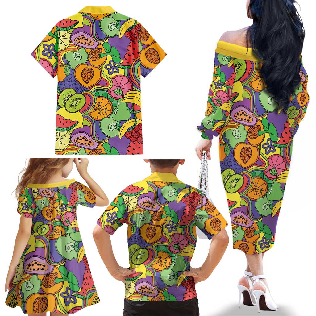 Hawaii Fruits Hippie Style Family Matching Off The Shoulder Long Sleeve Dress and Hawaiian Shirt Vibrant Colorful