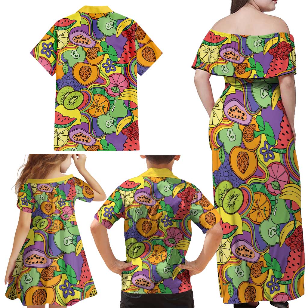 Hawaii Fruits Hippie Style Family Matching Off Shoulder Maxi Dress and Hawaiian Shirt Vibrant Colorful