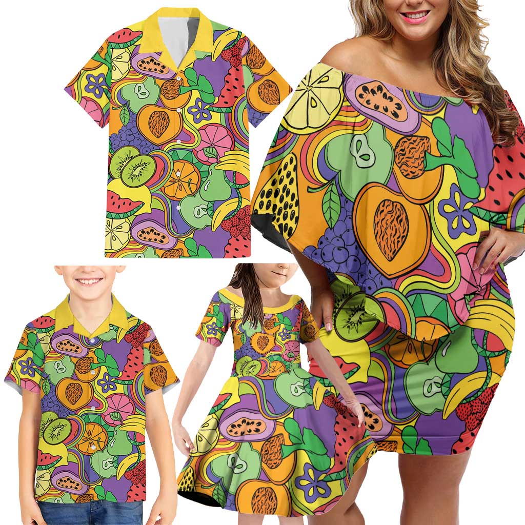 Hawaii Fruits Hippie Style Family Matching Off Shoulder Short Dress and Hawaiian Shirt Vibrant Colorful